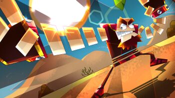 1girl beard blue_sky cactus commentary day desert english_commentary facial_hair highres legs_apart lens_flare male_focus mario_(series) nintendo o'chunks outdoors outstretched_arm paper_mario shadow sky standing sun super_paper_mario teeth thick_eyebrows tntvale wall-eyed