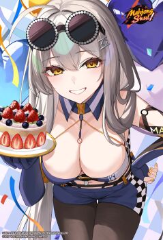 1girl absurdres ahoge asymmetrical_gloves balloon birthday_cake black_pantyhose blue_gloves breasts cake cleavage commentary elbow_gloves english_commentary eyewear_on_head fingerless_gloves food gloves grey_hair heart_balloon highres kitami_sawako large_breasts leaning_forward long_hair looking_at_viewer mahjong_soul mismatched_gloves navel official_art pantyhose race_queen round_eyewear second-party_source shorts smile sunglasses takehana_note yellow_eyes yellow_nails