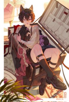 1boy animal animal_ears artist_name black_cat black_shoes black_shorts black_socks border bow cat cat_boy cat_ears cat_tail collared_shirt commentary corrupted_twitter_file diami full_body hair_between_eyes highres holding holding_animal holding_cat kneehighs legwear_garter loafers long_sleeves looking_at_viewer male_focus on_suitcase one_eye_closed open_mouth open_suitcase original plant puffy_long_sleeves puffy_sleeves purple_eyes red_bow shirt shoes short_hair shorts slit_pupils socks solo string_of_pearls suitcase suspender_shorts suspenders symbol-only_commentary tail too_many too_many_cats unworn_clothes white_border