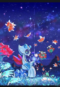 Rule 34 | blue eyes, colored sclera, commentary request, falling leaves, flabebe, froslass, furret, gen 2 pokemon, gen 4 pokemon, gen 6 pokemon, grass, highres, leaf, looking down, night, nintendo, no humans, outdoors, pokemon, pokemon (creature), pokemon focus, sen pic, sentret, sitting, sky, star (sky), tree, yellow sclera