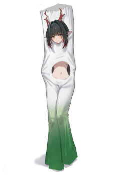 1girl absurdres arknights arknights:_endfield blush breasts closed_mouth commentary_request dragon_horns food_costume full_body green_eyes hidulume highres horns looking_at_viewer medium_breasts multicolored_hair naked_costume navel partial_commentary pointy_ears red_horns sidelocks simple_background smile solo spring_onion standing stomach streaked_hair white_background zhuang_fangyi_(arknights)