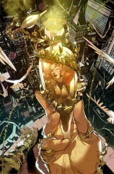 Rule 34 | 1girl, batman (series), bird, blurry, blurry background, bottle, city, comic cover, commentary, curly hair, dc comics, english commentary, florakinesis, highres, holding, holding bottle, leaf clothing, leaf leotard, long hair, looking at viewer, official art, parted lips, plant, plant clothing, poison ivy, pov, red hair, red lips, reflection, reflection focus, signature, simone di meo, solo, textless version, vines