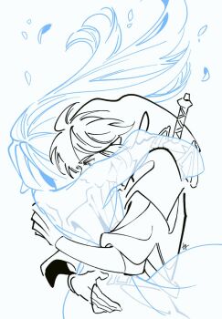 1boy 1girl arms_around_neck couple crying falling_petals hetero hug link long_hair monochrome nintendo petals phrygian_cap pointy_ears princess_zelda seza_game short_hair sidelocks spirit sword sword_on_back tears the_legend_of_zelda the_legend_of_zelda:_skyward_sword upper_body weapon weapon_on_back white_background