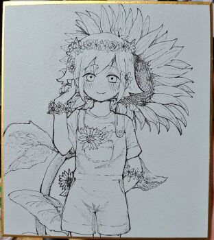 1boy arm_behind_back basil_(headspace)_(omori) basil_(omori) blush bracelet closed_mouth commentary double-parted_bangs flower flower_bracelet flower_wreath greyscale hair_between_eyes head_wreath jewelry looking_at_viewer male_focus monochrome omori overall_shorts overalls rami_1300 shirt short_sleeves sidelocks smile solo sunflower symbol-only_commentary t-shirt traditional_media