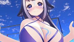 1girl 3d animal_ears animated bikini black_hair blue_eyes blush bouncing_breasts breast_focus breasts cat_ears cat_girl cleavage collar collarbone dancing from_below indie_virtual_youtuber large_breasts markings music orca orca_girl shylily sky smile solo sound swimsuit video virtual_youtuber