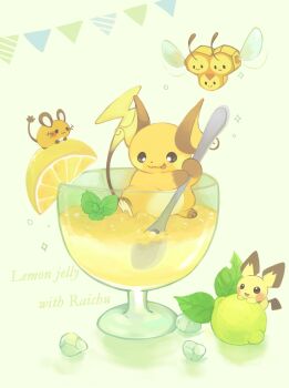 Rule 34 | :3, combee, dedenne, food, fruit, full body, gen 1 pokemon, gen 2 pokemon, gen 4 pokemon, gen 6 pokemon, glass, holding, holding spoon, ice, jelly drink, konanbo, leaf, lemon, lemon slice, licking lips, nintendo, no humans, oversized food, oversized object, pichu, pokemon, pokemon (creature), raichu, simple background, sparkle, spoon, tongue, tongue out