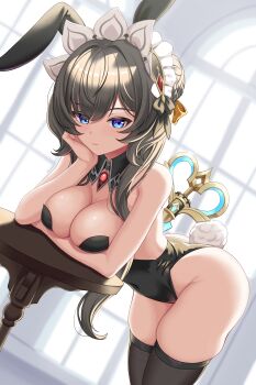 1girl absurdres alternate_costume animal_ears arm_under_breasts black_leotard black_thighhighs blue_eyes bonnet braid breasts bun_with_braided_base detached_collar fake_animal_ears fuyunash1 genshin_impact hand_on_own_cheek hand_on_own_face highres large_breasts leotard light_blush looking_at_viewer medium_hair playboy_bunny rabbit_tail sandrone_(genshin_impact) solo strapless strapless_leotard tail thighhighs