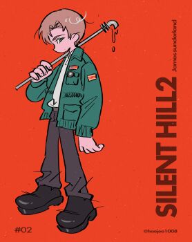 Rule 34 | 1boy, absurdres, arm up, black pants, black shoes, blonde hair, character name, collared jacket, commentary, copyright name, english commentary, full body, green jacket, haejeo1008, highres, holding, holding lead pipe, jacket, james sunderland, lead pipe, long sleeves, looking back, male focus, pants, parted bangs, red background, shirt, shirt tucked in, shoes, sideways glance, silent hill (series), silent hill 2, solo, standing, twitter username, white shirt