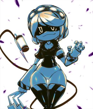 1girl claws coat colored_skin evil_grin evil_smile female_focus glitch_productions grey_skin grin living_weapon mecha_girl mechanical_tail murder_drones open_mouth robot_girl shiny_skin short_hair smile t-t_u2 tail thick_thighs thighhighs thighs v_(murder_drones) yellow_eyes