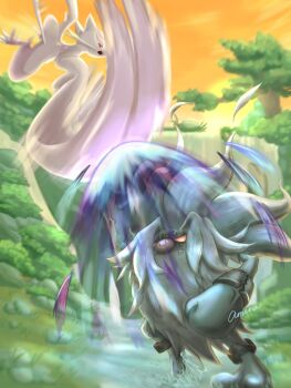 ameko_pokettari annihilape cloud commentary_request fighting gen_5_pokemon highres midair mienshao motion_blur nintendo open_mouth orange_sky outdoors pokemon pokemon_(creature) pokemon_focus red_eyes signature sky teeth tree upper_teeth_only veins water waterfall