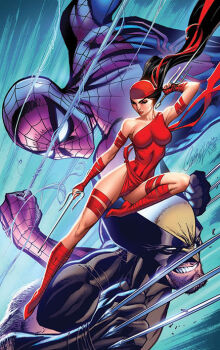 1girl 2boys arm_wrestling artist_collaboration black_hair bodysuit claws dual_wielding elektra_natchios holding holding_weapon j._scott_campbell leg_wrap long_hair marvel multiple_boys nei_ruffino red_bodysuit red_sash sai_(weapon) sash signature spider-man spider-man_(series) waist_sash weapon wolverine_(x-men)