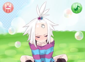 Rule 34 | 10s, 1girl, averting eyes, bad id, bad pixiv id, blue eyes, blush, boots, bubble, cursor, dress, embarrassed, fake screenshot, female focus, forehead, freckles, gameplay mechanics, gradient background, gym leader, hair bobbles, hair ornament, headpat, looking away, lowres, nintendo, pokemon, pokemon-amie, pokemon bw2, rin (cuddlecore), roxie (pokemon), short dress, short hair, solo, striped clothes, striped dress, topknot, white hair