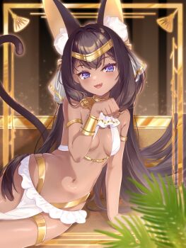 1girl :d absurdres ancient_egyptian ancient_egyptian_clothes animal_ears arm_support armlet bare_shoulders black_hair blue_eyes bow bracelet breasts brown_hair cat_ears cat_girl cat_tail dark-skinned_female dark_skin embroidery extra_ears fang gold_armlet gold_bow gold_bracelet gold_collar gold_hairband gold_thighlet hair_bow hairband highres if_you_want_to_become_a_godly_artist_(trend) indoors jewelry long_hair looking_at_viewer lying navel negitail31 on_side open_mouth original paw_pose pelvic_curtain purple_eyes see-through_ribbon sling_bikini_top small_breasts smile solo stomach tail thighlet usekh_collar very_long_hair