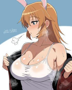 1girl :o absurdres animal_ears blue_background blue_eyes blush breasts charlotte_e._yeager commentary_request extra_ears highres jacket large_breasts long_hair long_sleeves open_clothes orange_hair rabbit_ears rabbit_girl red_jacket solo solo_focus standing steam strike_witches sweat unkai_daraku upper_body world_witches_series