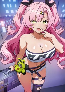 1girl absurdres bangboo_(zenless_zone_zero) bare_shoulders belt black_ribbon black_shorts black_thighhighs blender_(medium) blush breasts briefcase cityscape cleavage cowboy_shot crop_top earrings from_above green_eyes hair_ornament hair_ribbon hairclip heart heart_earrings highres holding holding_briefcase jewelry krita_(medium) large_breasts leaning_forward long_hair looking_at_viewer midriff mole mole_on_breast mole_on_thigh navel nicole_demara night o-ring open_mouth paid_reward_available pink_hair pizcadesaber print_tube_top ribbon shiny_skin short_shorts shorts single_thighhigh skindentation smile solo strapless thighhighs thighs torn_clothes torn_thighhighs tube_top two_side_up v variant_set zenless_zone_zero