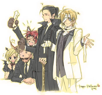 1girl 4boys alternate_costume animal_ears animal_hands arm_up asymmetrical_bangs bad_id bald bandage_over_one_eye bandaged_chest bandaged_hand bandaged_head bandaged_neck bandages bindi black_coat black_jacket black_necktie black_shirt black_suit black_wrist_cuffs blonde_hair blouse blue_eyes bone closed_eyes coat collared_shirt commentary_request dated dated_commentary dog_ears elena_(ff7) embarrassed fake_horns fake_wings fang final_fantasy final_fantasy_vii flying_sweatdrops formal_clothes goggles goggles_on_head grey_eyes grey_shirt halloween halloween_costume hand_on_cane hands_up happy_halloween heart high_collar high_ponytail holding holding_bone horns jacket kemonomimi_mode light_blush male_focus multiple_boys mummy_costume neck_ribbon necktie object_through_head open_clothes open_coat open_mouth outline own_hands_together pants pointy_ears ponytail puffy_short_sleeves puffy_sleeves red_hair red_ribbon reno_(ff7) ribbon rude_(ff7) rufus_shinra screw_in_head scribble shaded_face shirt short_hair short_sleeves shrugging smile spoken_heart standing suit sunglasses sweatdrop toujou_sakana translation_request tseng turks_(ff7) upper_body vampire_costume werewolf_costume white_background white_coat white_pants white_shirt wings wrist_cuffs yellow_outline