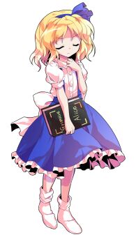 1girl alice_margatroid alice_margatroid_(pc-98) alphes_(style) bare_arms blonde_hair blue_hairband blue_ribbon blue_skirt bobby_socks book buttons commentary_request dairi english_text frilled_skirt frills full_body grimoire_of_alice hair_between_eyes hairband holding holding_book large_variant_set leg_up legs_apart open_book parody parted_bangs puffy_short_sleeves puffy_sleeves ribbon shirt short_hair short_sleeves skirt socks solo standing style_parody tachi-e touhou touhou_(pc-98) transparent_background variant_set white_shirt white_socks