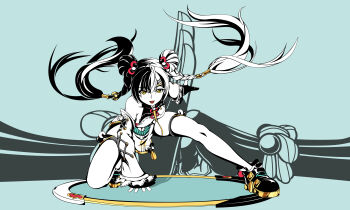 1girl absurdres ahoge bare_shoulders black_hair black_shoes blue_background braid braided_twintails chakram china_dress chinese_clothes collarbone commentary detached_sleeves dialyn_(zenless_zone_zero) double_bun dress english_commentary full_body hair_bun hair_extensions hair_ornament hairclip hand_on_ground highres long_hair looking_at_viewer multicolored_hair nanguibeijiang necktie on_one_knee open_mouth pelvic_curtain ring_hair_extensions shoes solo split-color_hair superhero_landing thighhighs weapon white_dress white_hair white_thighhighs wire yellow_eyes yellow_necktie zenless_zone_zero