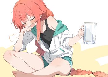 1girl aqua_shorts barefoot black_tank_top blush braid character_request closed_mouth collarbone commentary_request copyright_request cup flat_chest highres holding holding_cup indian_style jacket legs long_hair open_mouth red_hair short_shorts shorts sidelocks sitting solo tank_top thighs totomono two-tone_background very_long_hair white_background white_jacket yellow_background