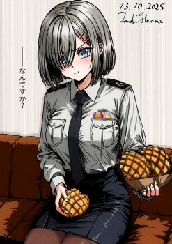 1girl artist_name blue_eyes blush bread breast_pocket breasts closed_mouth collared_shirt commentary dated dress_shirt food grey_hair hair_ornament hair_over_one_eye hairclip hamakaze_(kancolle) highres hisama_tomoki holding holding_food kantai_collection large_breasts long_sleeves looking_at_viewer medium_hair melon_bread military_uniform necktie one-hour_drawing_challenge pantyhose pencil_skirt pocket pout shirt sitting skirt solo translated v-shaped_eyebrows