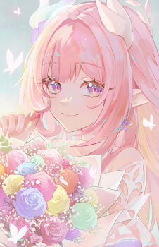 1girl absurdres bare_shoulders bouquet bug butterfly closed_mouth commentary cyrene_(honkai:_star_rail) cyrene_(ripples_of_past_reverie)_(honkai:_star_rail) diamond-shaped_pupils diamond_(shape) fingernails flower highres holding holding_bouquet honkai:_star_rail honkai_(series) insect jinya long_fingernails long_hair looking_at_viewer nail_polish pink_butterfly pink_hair pink_nails pointy_ears purple_eyes signature smile solo symbol-only_commentary symbol-shaped_pupils upper_body