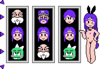 1girl animal animal_ears bakushou_jinsei_gekijou bakushou_jinsei_gekijou_2 barefoot beard black_bow black_bowtie black_eyes blush bow bowtie facial_hair fake_animal_ears flat_chest hand_on_own_hip hat headband lizard loli long_hair looking_at_viewer navel nipples nude old old_man one_eye_closed pixel_art playboy_bunny purple_hair purple_hat rabbit_ears saiwai_hiroshi short_hair slot_machine smile standing taito white_background white_hair wink