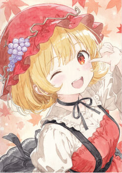 1girl aki_minoriko black_ribbon blonde_hair blouse blunt_bangs blush collar commentary_request dress falling_leaves food frilled_collar frills fruit gradient_eyes grapes hair_ornament hand_on_own_face hat highres leaf looking_at_another looking_at_viewer maple_leaf multicolored_eyes neck_ribbon one_eye_closed open_mouth painting_(medium) pale_skin pointing pointing_at_self red_dress red_eyes ribbon shirt short_hair smile solo standing straight-on touhou traditional_media upper_body watercolor_(medium) white_shirt yoru_(watercolor_artist)
