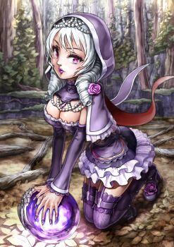 Rule 34 | 1girl, breasts, cleavage, detached sleeves, drill hair, female focus, forest, garter straps, gothic lolita, high heels, hood, lipstick, lolita fashion, makeup, namco, nature, purple eyes, purple lips, solo, soul calibur, soulcalibur, soulcalibur v, thighhighs, twin drills, viola (soulcalibur), white hair