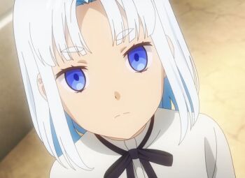 1girl blue_eyes female_focus litola long_hair looking_up serious shirt unnamed_memory upper_body white_hair white_shirt