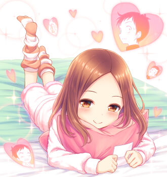 Rule 34 | 10s, 1boy, 1girl, bed sheet, blush, brown eyes, brown hair, full body, half-closed eyes, happy, heart, hetero, highres, imagining, karakai jouzu no takagi-san, looking at viewer, lying, nishikata, on bed, on stomach, pajamas, parted bangs, pillow, smile, socks, speech bubble, striped clothes, striped legwear, striped socks, takagi-san, thought bubble, tomo (tmtm mf mf)