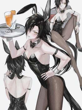 1girl absurdres air_shakur_(umamusume) alternate_costume back black_bow black_bowtie black_hair black_leotard black_nails black_pantyhose blush bow bowtie breasts clenched_teeth closed_mouth commentary_request cup drink eyebrow_piercing face_piercing hand_on_own_hip highres jacket jacket_on_shoulders jewelry leotard multiple_views pantyhose piercing ring strapless teeth tray umamusume white_wrist_cuffs wrist_cuffs yellow_eyes yuyu_ilst