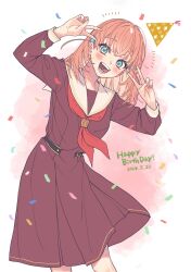 Rule 34 | 1girl, :d, absurdres, aqua eyes, azuma (no488888), blush, brown dress, commentary, confetti, cowboy shot, crossed bangs, dated, double v, dress, hair ornament, happy birthday, hasu no sora school uniform, hat, highres, hinoshita kaho, leaning to the side, link! like! love live!, long sleeves, looking at viewer, love live!, medium dress, medium hair, neckerchief, notice lines, open mouth, orange hair, party hat, pink background, pleated dress, rabbit hair ornament, red neckerchief, sailor collar, sailor dress, school uniform, smile, solo, teeth, two-tone background, two side up, v, virtual youtuber, white background, white sailor collar, winter uniform