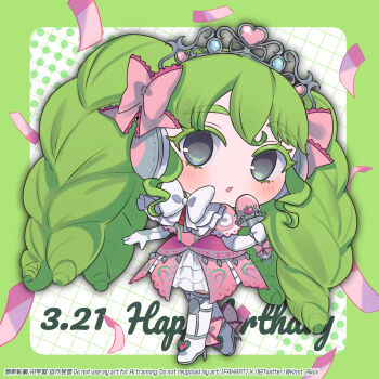 Rule 34 | 1girl, birthday, bow, chibi, chibi only, colored eyelashes, commentary request, confetti, contrapposto, dated, deformed, dress, drill hair, elbow gloves, falulu, frilled bow, frilled dress, frills, full body, gloves, green background, green theme, grey eyes, grid background, happy birthday, highres, holding, holding microphone, kinoshita aki, long hair, microphone, no nose, no pupils, open mouth, pink bow, pink dress, pretty series, pripara, silver tiara, solo, tareme, tatsunoko pro, twin drills, twintails, watermark, white bow, white gloves