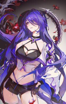 1girl absurdres acheron_(honkai:_star_rail) black_choker black_gloves black_shorts bone boots breasts chain choker cleavage coat coattails commentary_request detached_sleeves flower gloves hair_over_one_eye highres honkai:_star_rail honkai_(series) leg_tattoo long_hair midriff multicolored_hair navel purple_eyes purple_hair red_flower short_shorts shorts single_bare_shoulder skeleton solo stomach streaked_hair tattoo thigh_boots thigh_gap white_coat yutou_(yutou75)