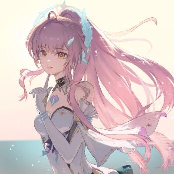 1girl aemeath_(wuthering_waves) bare_shoulders breasts closed_mouth commentary elbow_gloves gloves hand_up highres index_finger_raised long_hair medium_breasts pink_hair revision smile solo upper_body white_background white_gloves wuthering_waves zhongyuanqing