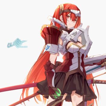 Rule 34 | 1girl, alternate costume, armor, black skirt, black thighhighs, breastplate, breasts, brown gloves, brown headband, clear glass (mildmild1311), closed mouth, commentary request, damaged, fire emblem, fire emblem awakening, garter straps, gem, gloves, green gem, hair between eyes, headband, highres, long hair, looking at viewer, medium breasts, nintendo, pauldrons, red eyes, red hair, scabbard, severa (fire emblem), sheath, shoulder armor, simple background, skirt, smile, solo, sword, thighhighs, thighs, twintails, very long hair, weapon