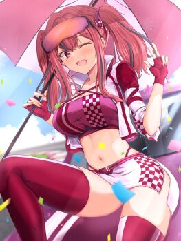 1girl ;d alternate_costume are_you_333 azur_lane black_hair blush boots breasts bremerton_(azur_lane) cleavage commentary_request confetti crop_top cropped_jacket day eyewear_on_head fingerless_gloves from_below gloves hair_between_eyes hands_up highleg highleg_panties highres holding holding_umbrella jacket knee_up large_breasts long_hair looking_at_viewer looking_down medium_breasts microskirt mole mole_on_breast mole_under_eye multicolored_hair multicolored_jacket navel one_eye_closed open_clothes open_jacket open_mouth outdoors panties parasol pink_eyes pink_hair purple_gloves race_queen red_hair red_nails red_panties skirt smile solo stomach strapless streaked_hair sunglasses thigh_boots thighs tube_top twintails two-tone_hair two-tone_jacket two-tone_skirt umbrella underwear w white_jacket