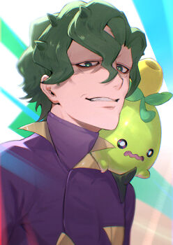 1boy 6!6_(gsnejio_af4) brassius_(pokemon) bright_pupils commentary_request green_eyes green_hair hair_between_eyes highres jacket male_focus nintendo on_shoulder pokemon pokemon_(creature) pokemon_on_shoulder pokemon_sv purple_jacket short_hair smoliv turtleneck turtleneck_jacket upper_body
