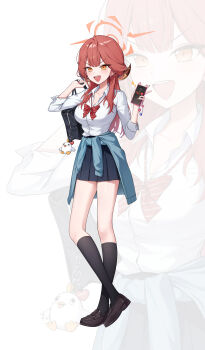 1girl absurdres alternate_costume aru_(blue_archive) bag black_socks blue_archive bow bowtie brown_shoes cellphone collared_shirt commentary demon_horns full_body halo highres holding holding_bag holding_phone horns kneehighs loafers long_hair long_sleeves looking_at_viewer okkimon open_mouth phone red_bow red_bowtie red_hair school_bag shirt shirt_tucked_in shoes simple_background skirt smartphone smile socks standing teeth upper_teeth_only v-shaped_eyebrows white_background white_shirt zoom_layer
