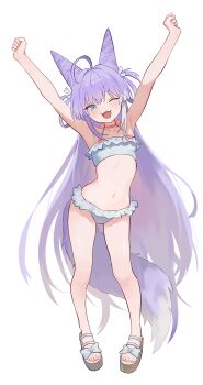 Rule 34 | 1girl, :3, ahoge, arms up, bare arms, bikini, blue eyes, blush, breasts, commentary request, fang, frilled bikini, frills, full body, hair horns, highres, legs, long hair, multicolored hair, navel, nbee ya, one eye closed, open mouth, platform sandals, purple hair, sandals, simple background, small breasts, standing, stellive, stomach, swimsuit, tail, tenko shibuki, two-tone hair, very long hair, virtual youtuber, white background, white bikini, white streaks