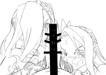 1boy 2girls absurdres asadaya censored dorothee_(grimms_notes) fellatio grimms_notes highres long_hair looking_at_viewer multiple_girls noemie_(grimms_notes) oral penis pov testicle_sucking testicles
