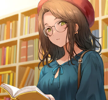 1girl beret blue_shirt book bookshelf bow bowtie breasts brown_hair chocomirukuaji glasses green_eyes hat holding holding_book library looking_at_viewer medium_breasts original profile puffy_sleeves red_hat shirt solo upper_body