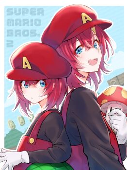 Rule 34 | 2girls, :d, ? block, ange katrina, back-to-back, blue eyes, blue sky, border, brown shirt, clone, closed mouth, coin, commentary request, copyright name, cosplay, dot nose, eyelashes, flat chest, gameplay mechanics, gloves, hair between eyes, hair ornament, hat, highres, holding, holding mushroom, inumoto, light blush, looking at viewer, looking to the side, mario, mario (cosplay), mario (series), mario hat, medium hair, multiple girls, mushroom, nijisanji, nintendo, open mouth, outline, outside border, overalls, red hair, red hat, red overalls, shirt, size difference, sky, smile, super mushroom, teeth, triangle hair ornament, upper teeth only, virtual youtuber, white border, white gloves, white outline