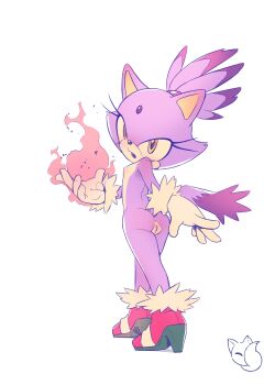 1girl absurdres animal_ears animal_nose anus artist_logo ass back blaze_the_cat blush cat_ears cat_girl cat_tail colored_tips crossed_legs female_focus fire flat_chest forehead forehead_jewel from_behind full_body fur-trimmed_gloves fur-trimmed_shoes fur_trim furry furry_female gem gloves hand_up high_heels highres legs logo looking_at_viewer looking_back multicolored_hair nipples nose_blush nude open_mouth orange_eyes pink_shoes purple_hair pussy pyrokinesis red_gemstone reddish_fox shoes short_hair simple_background solo sonic_(series) standing tail thighs topknot two-tone_hair uncensored watermark watson_cross white_background white_gloves