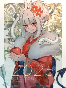 1girl 2025 absurdres alternate_costume animal chinese_zodiac closed_mouth commentary demon_girl demon_horns demon_tail english_commentary fur-trimmed_kimono fur_trim hair_ornament helltaker highres horns japanese_clothes kimono lucifer_(helltaker) mole mole_under_eye new_year noah_(tettsui-sole) red_eyes red_kimono smile snake solo tail twitter_username year_of_the_snake