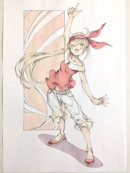 1girl ;d arm_up bare_arms blonde_hair bow bow_hairband capri_pants collarbone commentary frilled_pants frilled_shirt frills full_body grey_eyes hairband highres leaning_to_the_side long_hair one_eye_closed open_mouth original pants peter_salt pointing pointing_up red_bow red_hairband red_shirt red_shoes shirt shoes sleeveless sleeveless_shirt smile solo standing traditional_media white_pants