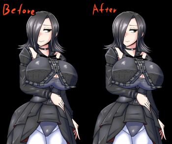 1girl animated animated_gif banamei before_and_after black_hair bouncing_breasts breasts choker commentary_request dragon_conqueror large_breasts melmeya_(banamei) rpg_maker short_hair smile smirk solo solo_focus
