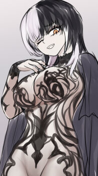 Rule 34 | 1girl, absurdres, alternate costume, black cloak, black dress, black hair, black nails, breasts, brulee, chronopattern dress, cloak, commentary, dress, english commentary, grey background, grin, highres, hololive, hololive english, large breasts, multicolored hair, nail polish, one eye closed, revealing clothes, shiori novella, simple background, smile, solo, split-color hair, teeth, two-tone hair, virtual youtuber, white hair, yellow eyes