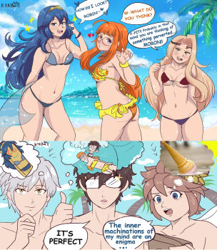 3boys 3girls amamiya_ren ass beach bikini blonde_hair blue_bikini blue_eyes blue_hair blue_sky breasts card cloud comic ed_edd_n_eddy english_text fire_emblem fire_emblem_awakening food frilled_bikini frills glasses heart highres ice_cream island karbuitt kid_icarus kid_icarus_uprising long_hair lucina_(fire_emblem) male_robin_(fire_emblem) multiple_boys multiple_girls navel nintendo ocean opaque_glasses orange_hair palm_tree persona persona_5 pit_(kid_icarus) plank_(ed_edd_n_eddy) playing_card purple_eyes sakura_futaba sky small_breasts sparkle speech_bubble standing super_smash_bros. surfing swimsuit the_fairly_oddparents thinking thought_bubble tree underboob viridi yellow_bikini yellow_eyes