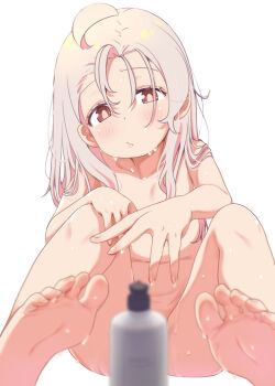 1girl absurdres ahoge barefoot blush brown_eyes commentary_request completely_nude convenient_censoring hair_between_eyes highres knees knees_up loli long_hair looking_at_viewer nude onii-chan_wa_oshimai! oyama_mahiro pink_hair shiina_excel simple_background sitting soap_bottle soles solo toes wet white_background